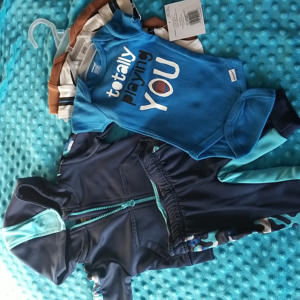 Blue track suit outfit.  joggers, hoodie with 3 onesie, football. 0-3 mo